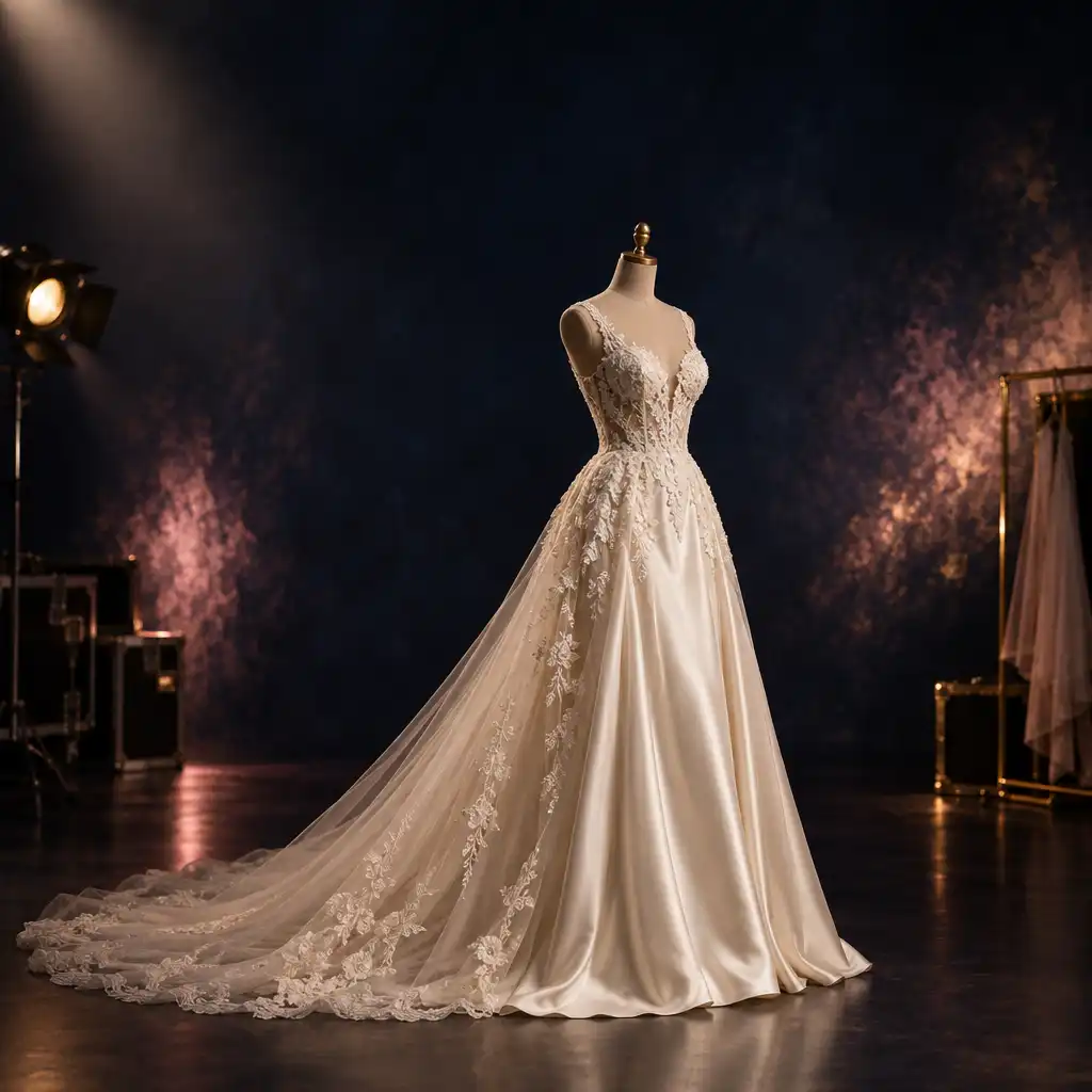 Robe de mariée en satin ivoire dans l'atelier de Wedding Bridal Dress Up & Makeup