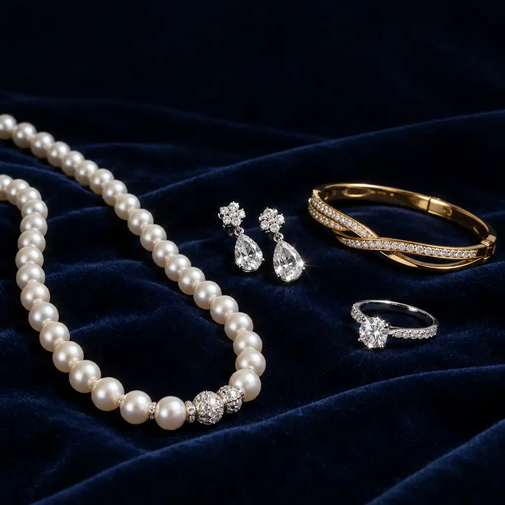 Collier de perles, boucles d'oreilles en diamant, bracelet en or et bague de fiançailles sur velours sombre