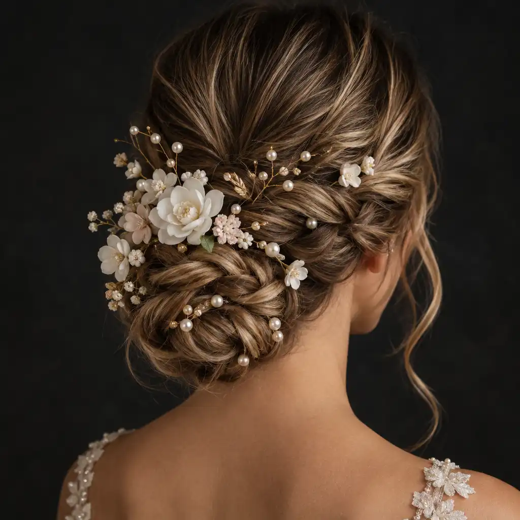 Chignon bas tressé de mariée orné de perles et de fleurs blanches, vu de dos