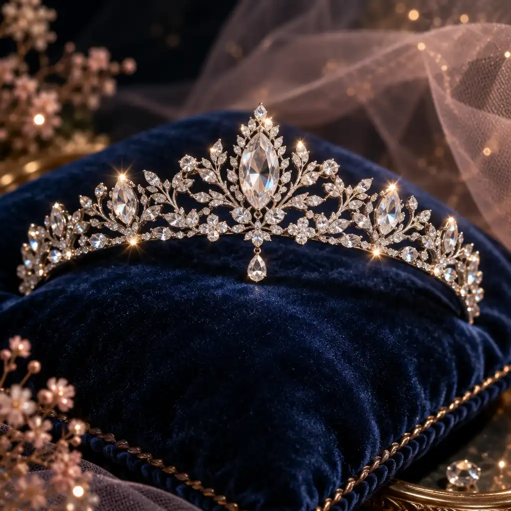 Diadème délicat en argent serti de cristaux posé sur un coussin de velours bleu nuit