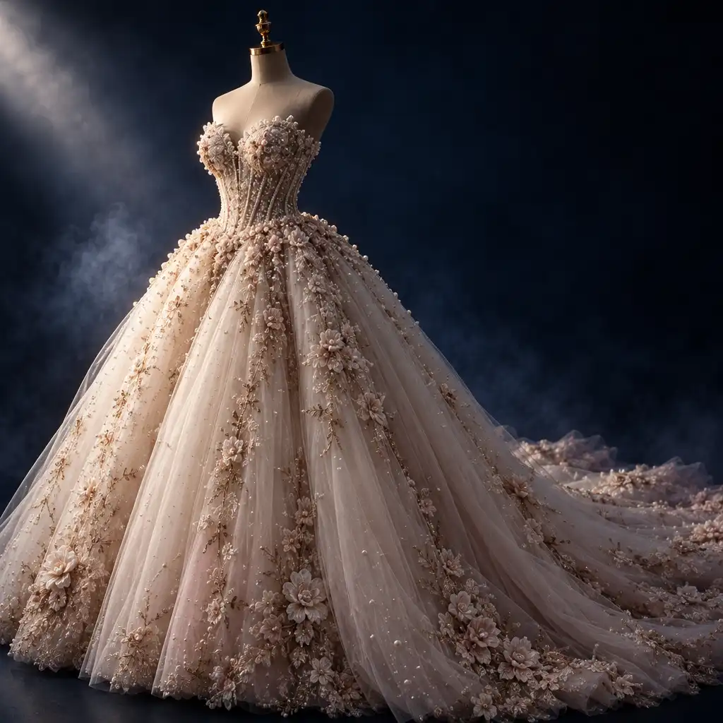 Robe de mariée de style princesse avec corset brodé et jupe en tulle, présentée dans un studio sombre