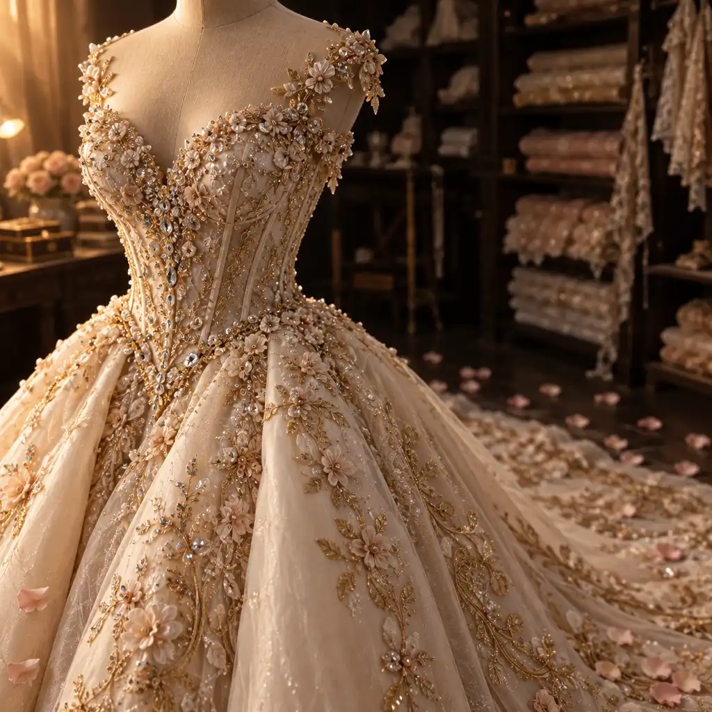 Gros plan sur une robe de mariée de princesse royale avec corset orné de cristaux et traîne brodée