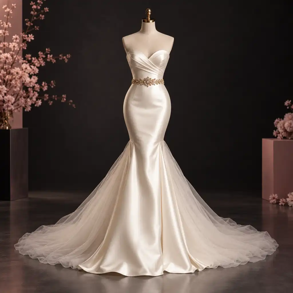 Exemple de robe sirène en satin ivoire avec ceinture dorée créée dans l'atelier