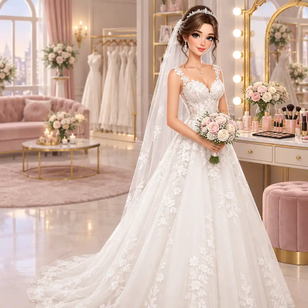Mariée virtuelle dans une robe blanche élégante au sein d'un salon de relooking nuptial