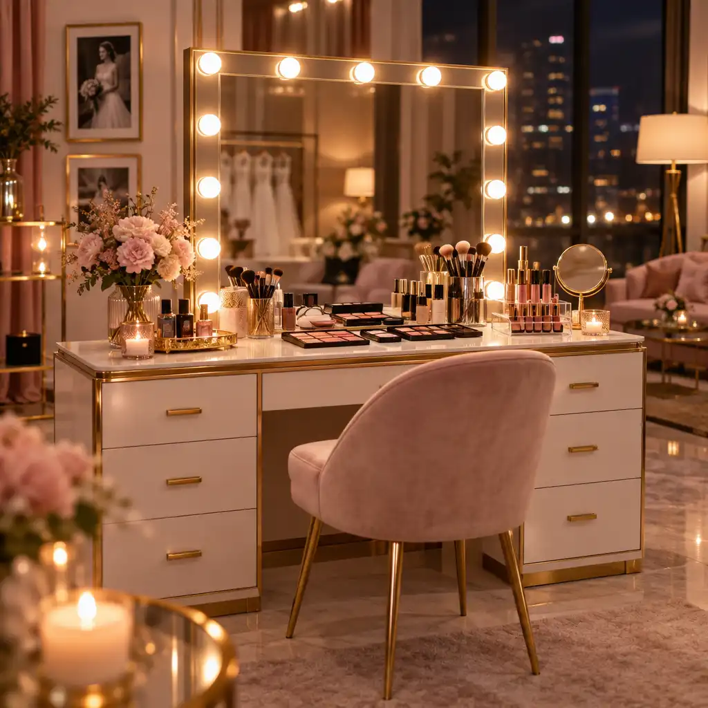 Ambiance d'un salon de maquillage élégant avec coiffeuse, miroir éclairé et palettes de maquillage