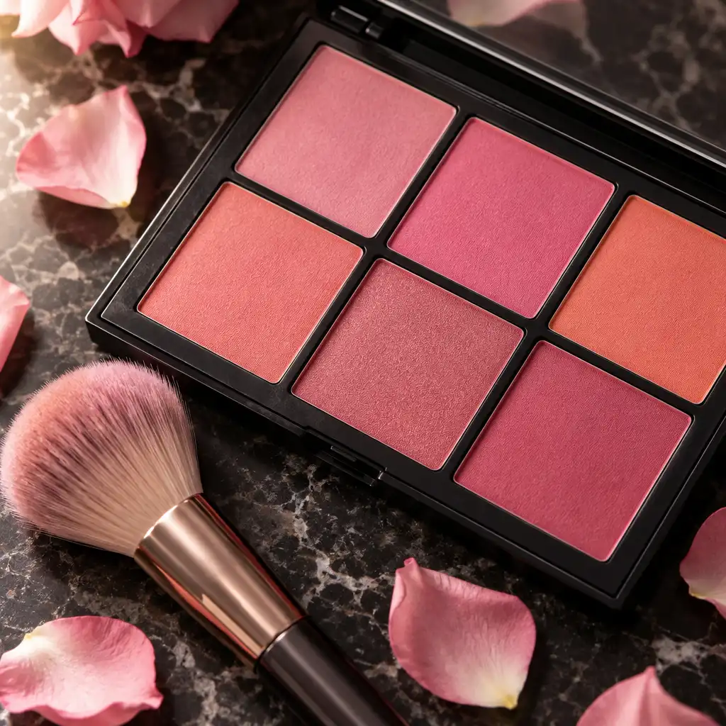 Palette de blush avec plusieurs teintes roses et corail, pinceau et pétales de fleurs