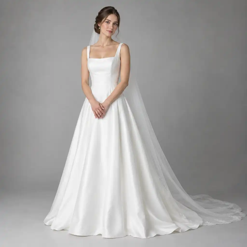 Mariée en robe blanche classique avec voile et chignon, posant dans un studio épuré avec éclairage doux.