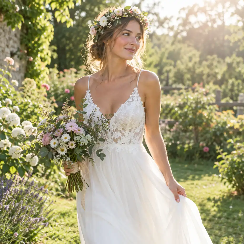 Mariée dans un jardin ensoleillé avec robe fluide et couronne de fleurs, posant de manière décontractée en extérieur.