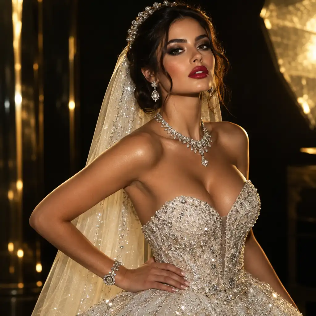 Mariée glamour avec robe à paillettes, maquillage prononcé et bijoux voyants, posant dans un studio doré avec éclairage dramatique.