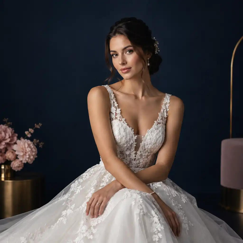 Mariée élégante posant dans un studio photo sombre et chic, éclairée par une lumière douce, avec des touches de rose poudré et d'or.
